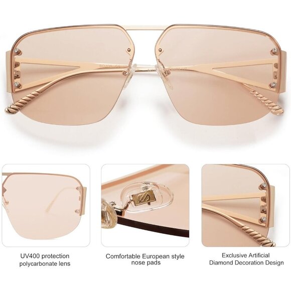 Trendy Aviator Sunglasses Mens Womens Retro Metal Rimless Brown Frame Shades - Picture 4 of 6